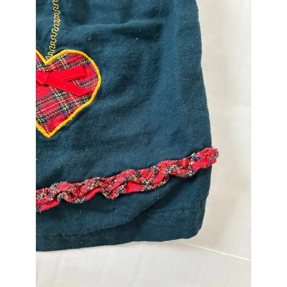 Vintage Toddler Dress Blue with Red Tartan Plaid Applique Heart Ruffles Buttons